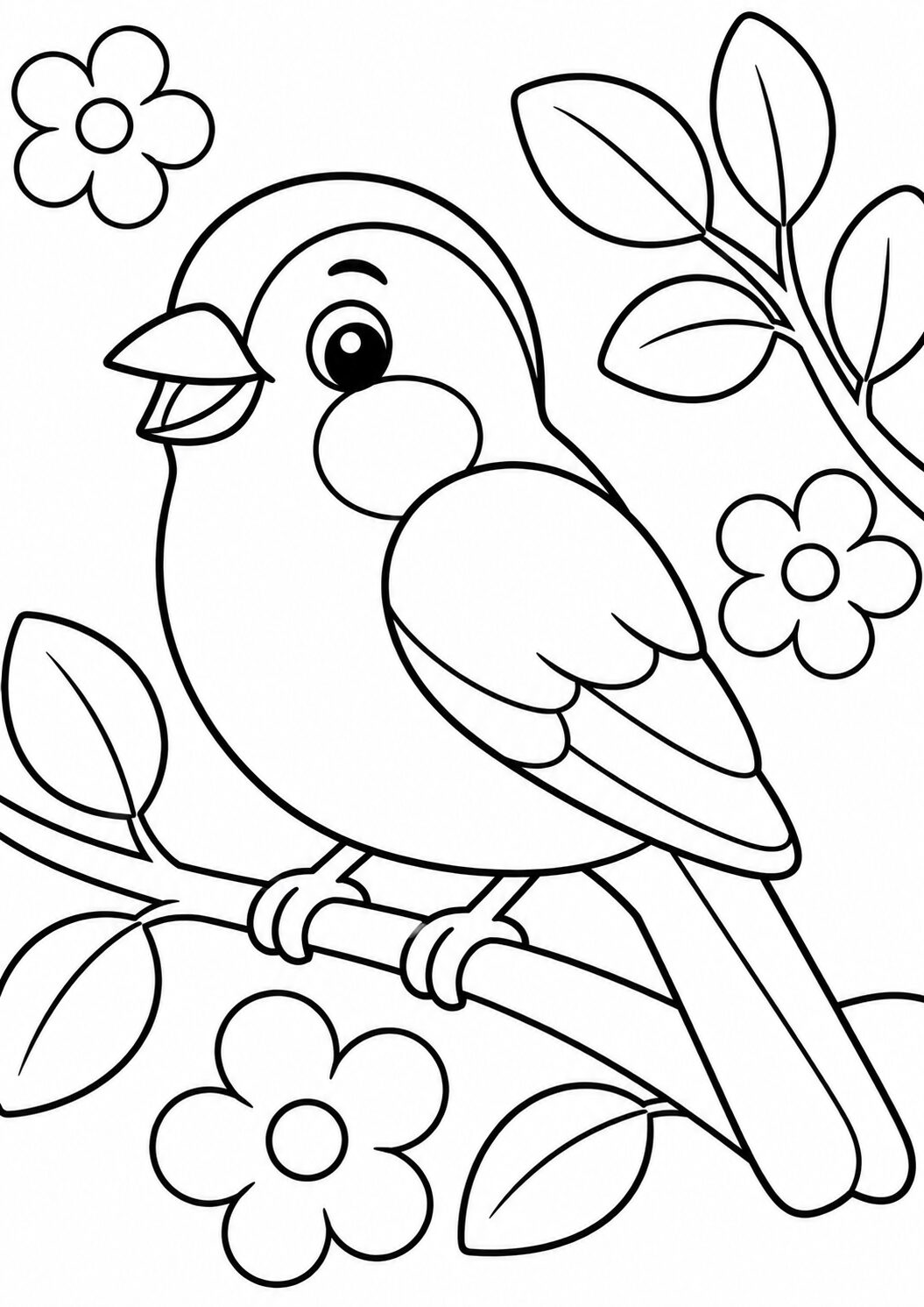 A cheerful bird perched on a branch with flowers and leaves, ideal for a children's coloring activity, encouraging creativity and fine motor skill development.