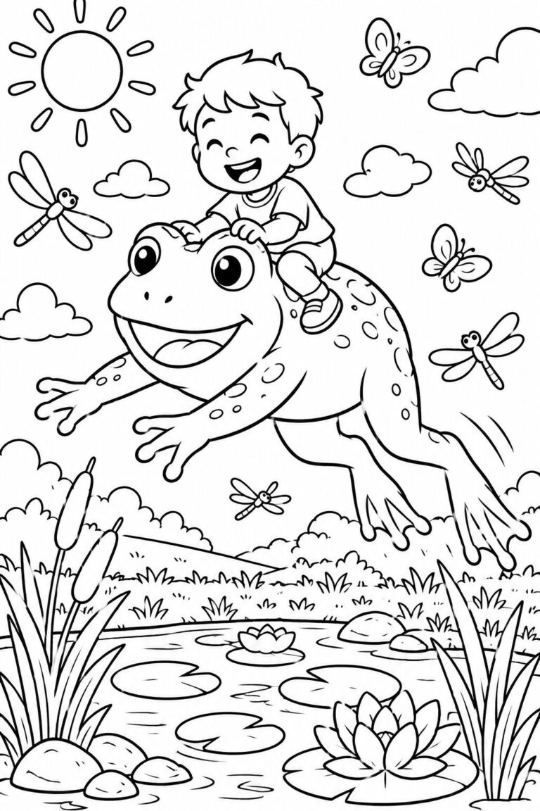 A happy boy rides a smiling frog across a pond with dragonflies and butterflies in a whimsical scene ideal for children's coloring.