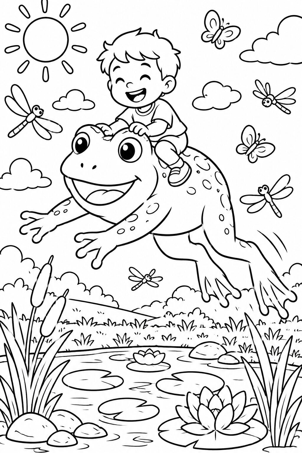 A happy boy rides a smiling frog across a pond with dragonflies and butterflies in a whimsical scene ideal for children's coloring.