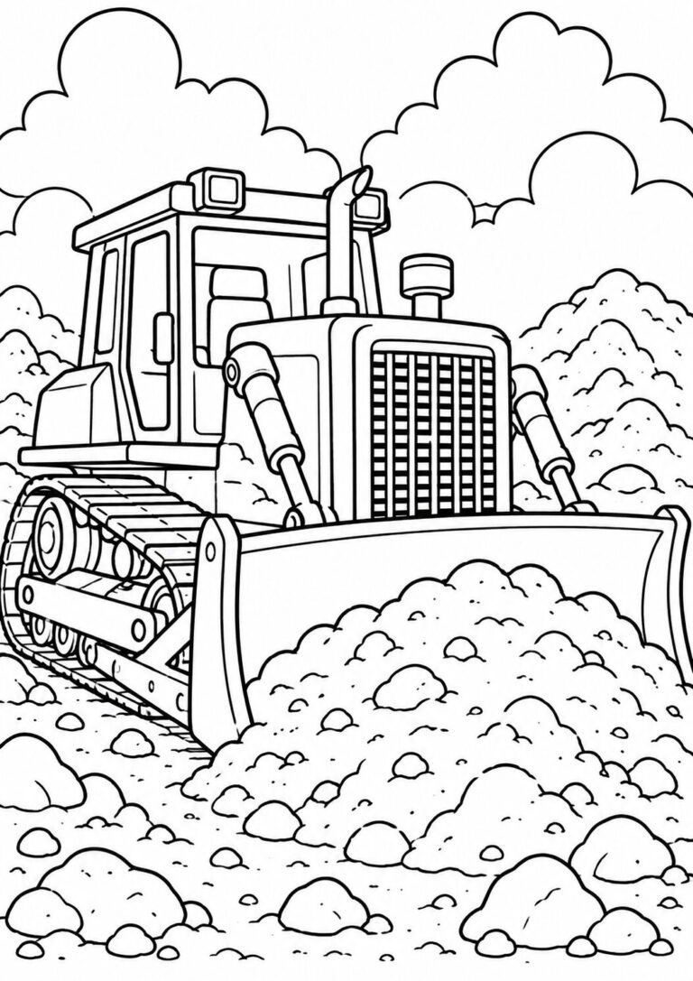 Children's coloring page with a detailed bulldozer on a construction site. The image invites kids to color the large vehicle and surrounding landscape, fostering creativity.