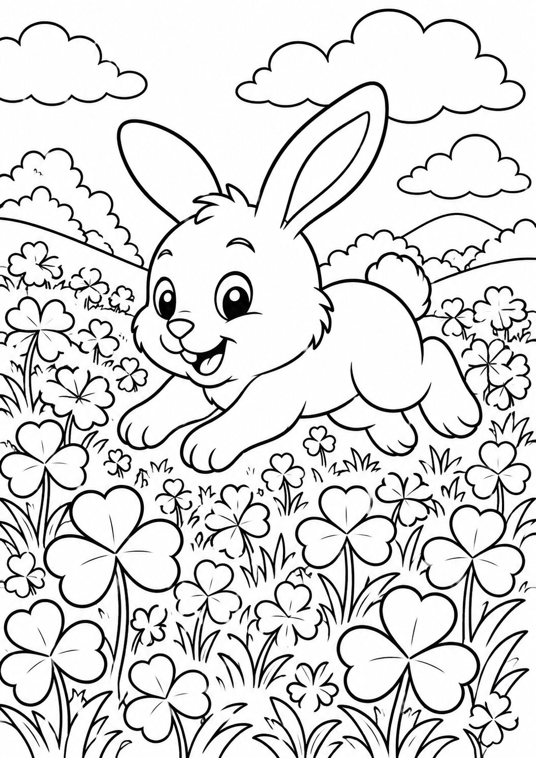 A joyful bunny leaping in a field filled with clovers, surrounded by fluffy clouds and scenic hills, designed for children to color.