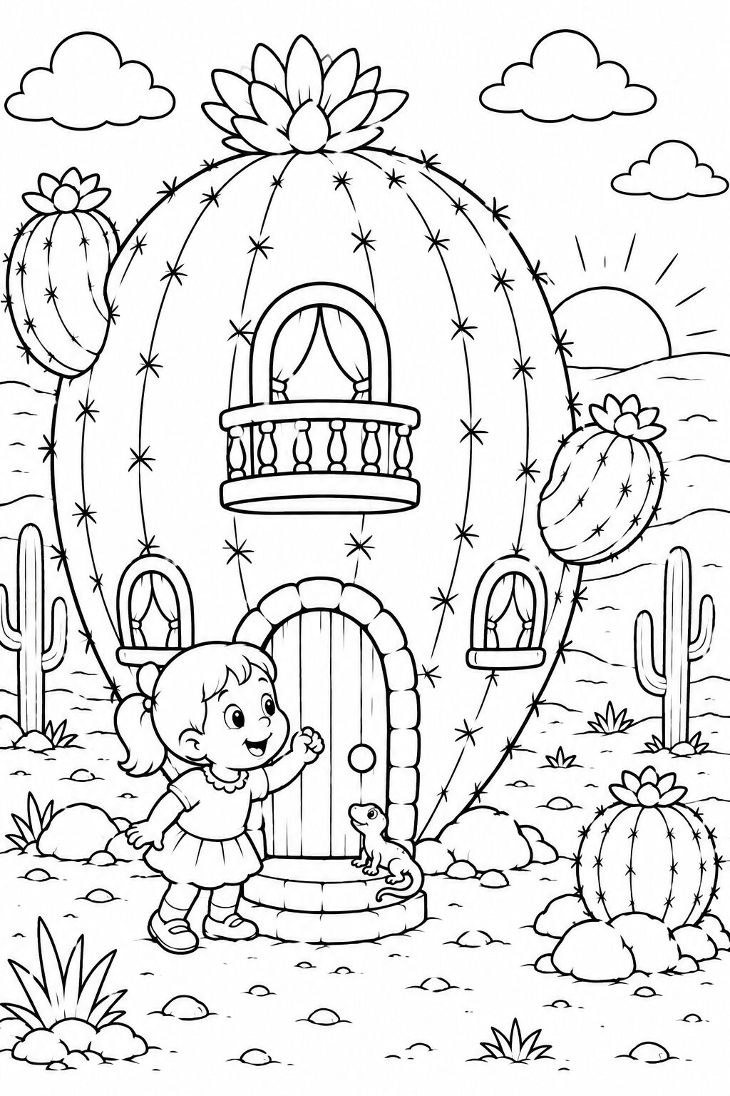 Coloring page of a cactus-shaped house with a child and lizard in a desert setting. Sun and clouds enhance the whimsical atmosphere, inviting children to add vibrant colors and bring the fantasy to life.