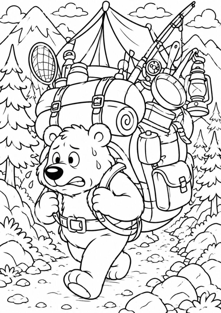 A bear with a large camping backpack on a nature path, surrounded by mountains and trees. The scene is filled with camping gear like a tent, fishing rod, and lanterns, inviting children to explore their imagination through coloring.