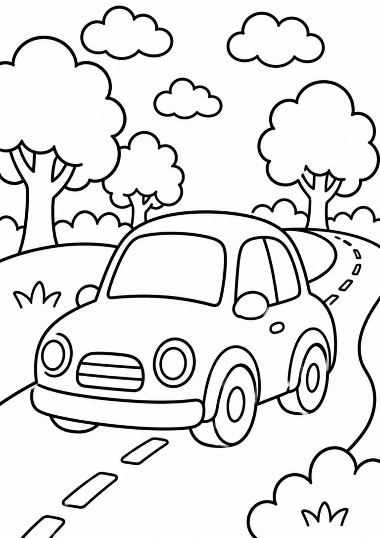 A delightful car coloring page showing a cute car driving along a twisting road. The scene includes fluffy clouds and charming trees, inviting kids to color and create.