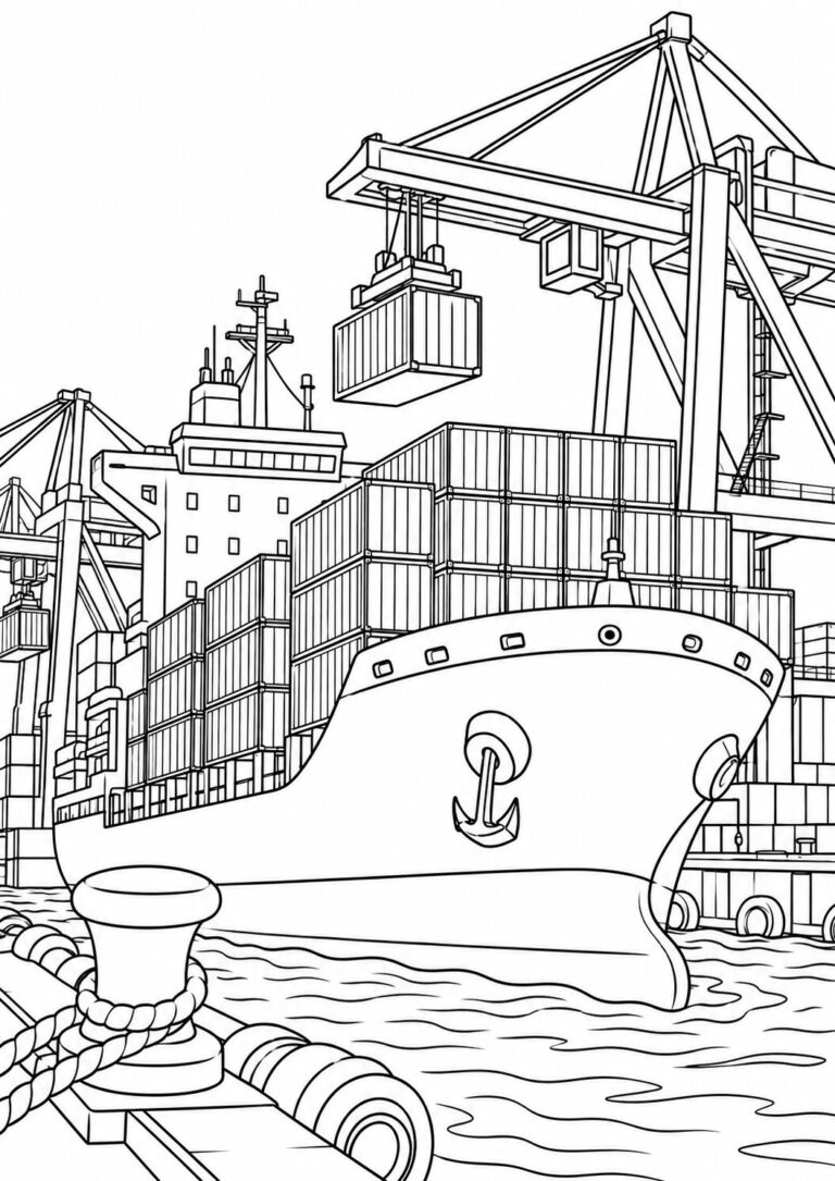A detailed cargo ship coloring page showing a large vessel with containers and cranes at a busy dock, perfect for kids to color and learn about shipping.