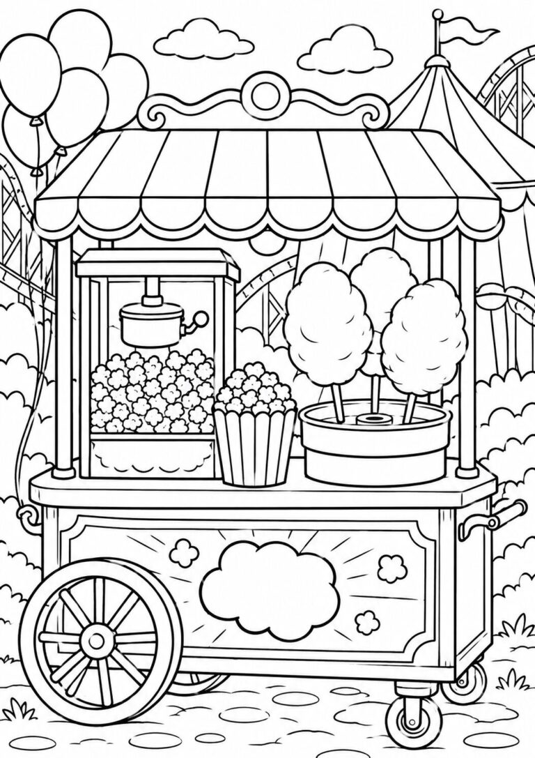A playful carnival food cart with popcorn and cotton candy, balloons floating nearby, and carnival tents in the background, ready for children to color in vibrant hues.