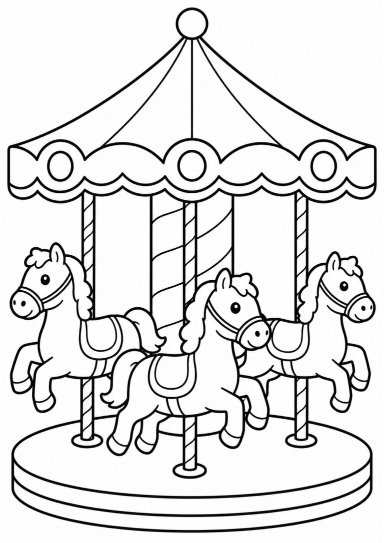 A whimsical coloring page of a carousel with three lively horses, inviting children to explore their creativity while adding vibrant colors to the scene. Ideal for sparking imagination and artistic expression.