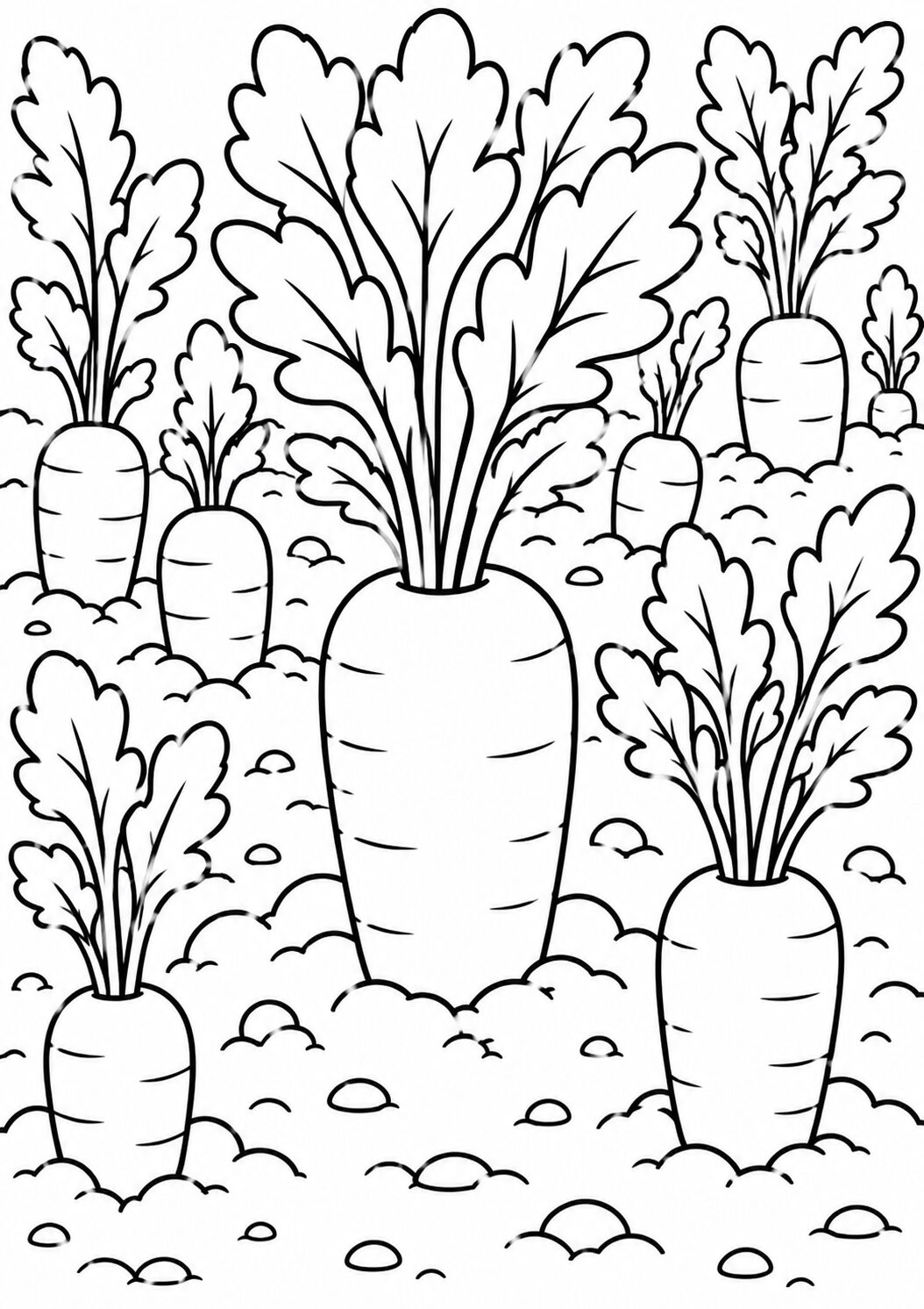 A children's coloring page showing a garden filled with large and small carrots, each with leafy tops, emerging from the soil. Ideal for kids to color and learn about gardens.