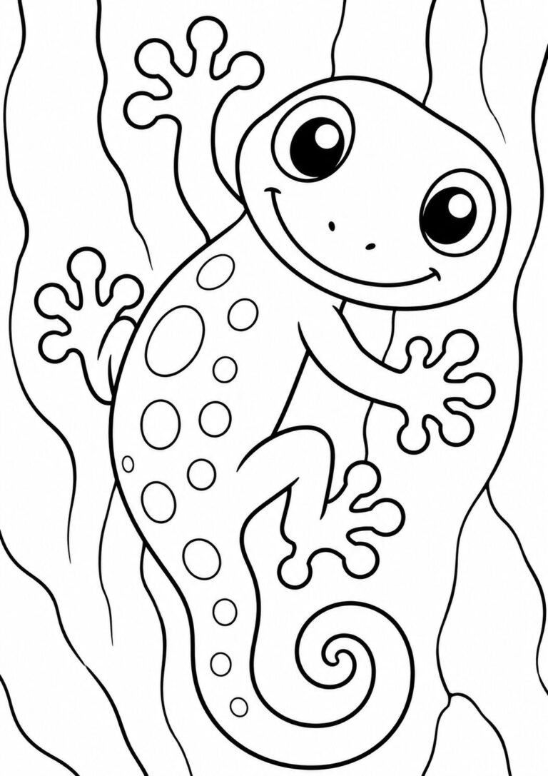 Coloring page with a cheerful cartoon gecko having large eyes and a curly tail, perfect for children's creativity.