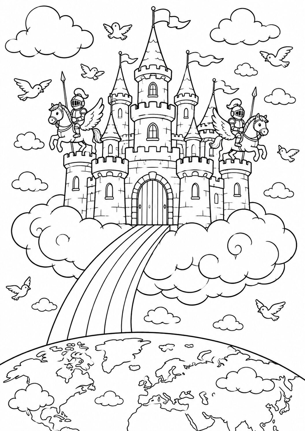 A detailed coloring page featuring a fantasy castle on clouds with knights on winged horses. Birds fly around the scene, and the castle sits beautifully above the earth.