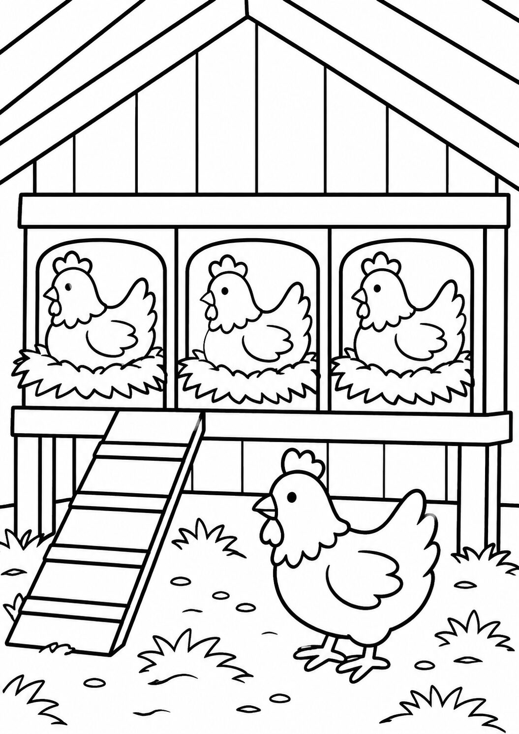 A children's coloring page showcasing three chickens in a coop with a ramp leading to them. Another chicken stands on the grassy ground outside, offering children a delightful scene to color.