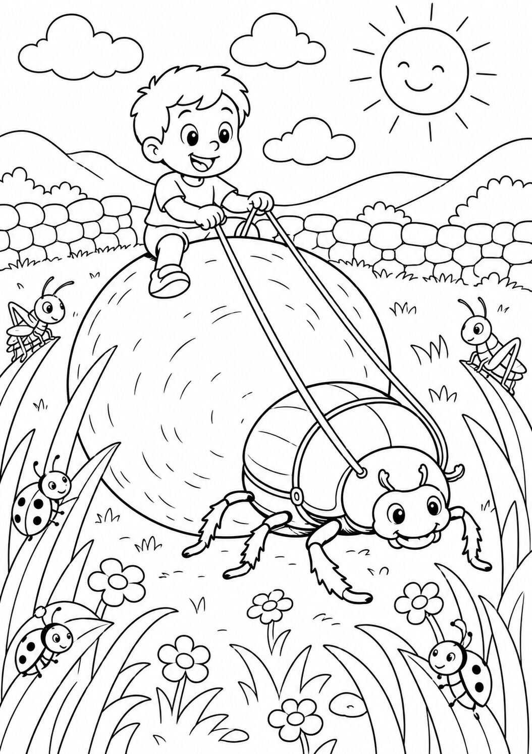 A playful scene featuring a young child joyfully riding a friendly giant beetle across a flower-filled meadow, with happy insects and a smiling sun overhead, perfect for coloring.