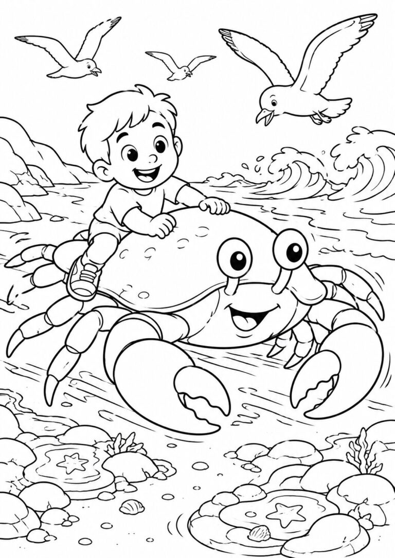 Child joyfully riding a happy crab along the seashore with seagulls flying above and waves crashing nearby, creating a fun and adventurous seaside scene.