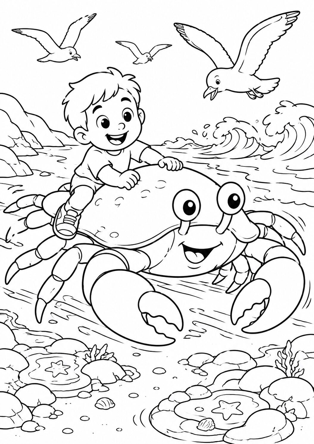 Child joyfully riding a happy crab along the seashore with seagulls flying above and waves crashing nearby, creating a fun and adventurous seaside scene.