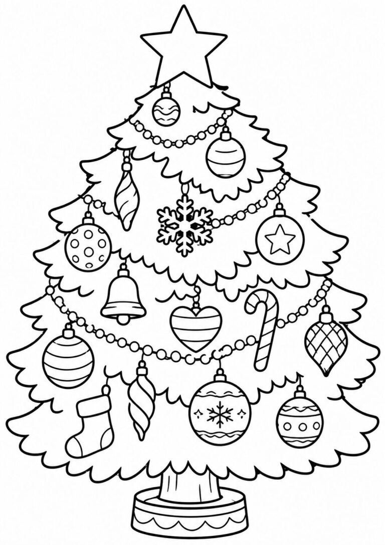 A festive Christmas tree coloring page featuring a tree decorated with various ornaments, garlands, and a star on top, perfect for children to color and enjoy during the holiday season.