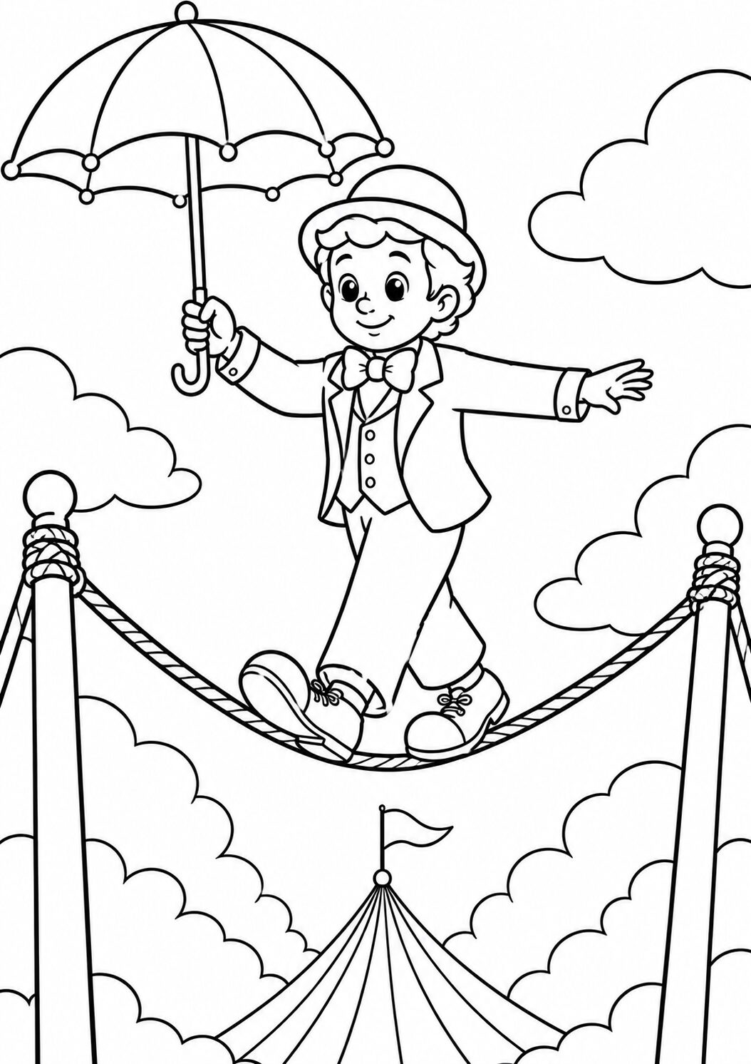 A circus performer is seen walking on a tightrope, holding an umbrella. The playful scene includes a circus tent below and clouds above, creating a joyful atmosphere perfect for coloring.