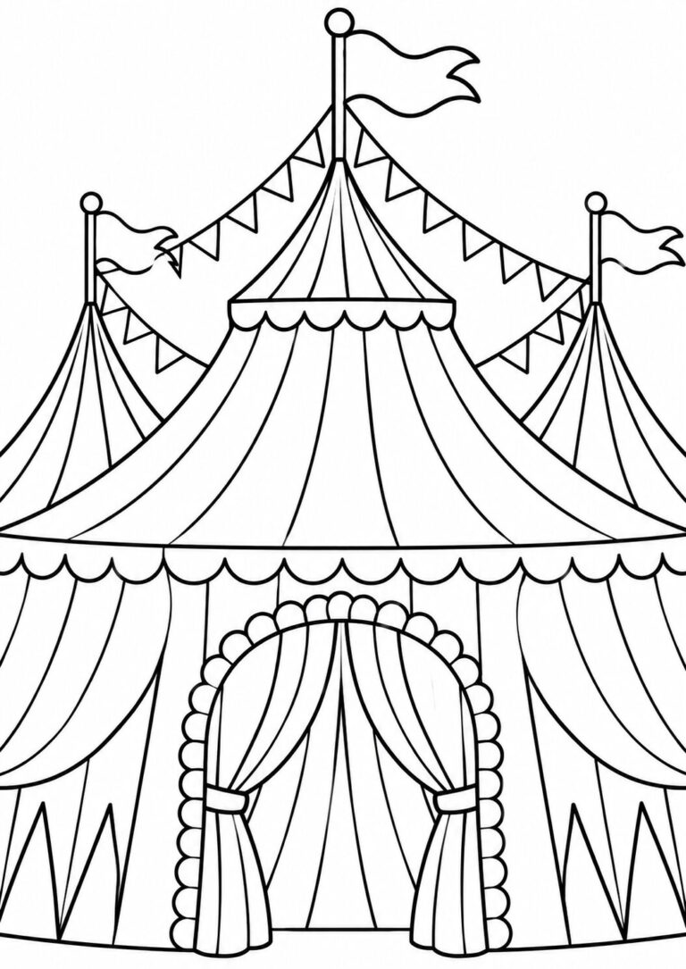 A fun coloring page depicting a large circus tent with decorative flags and flowing fabric, perfect for kids to bring vibrant colors to.