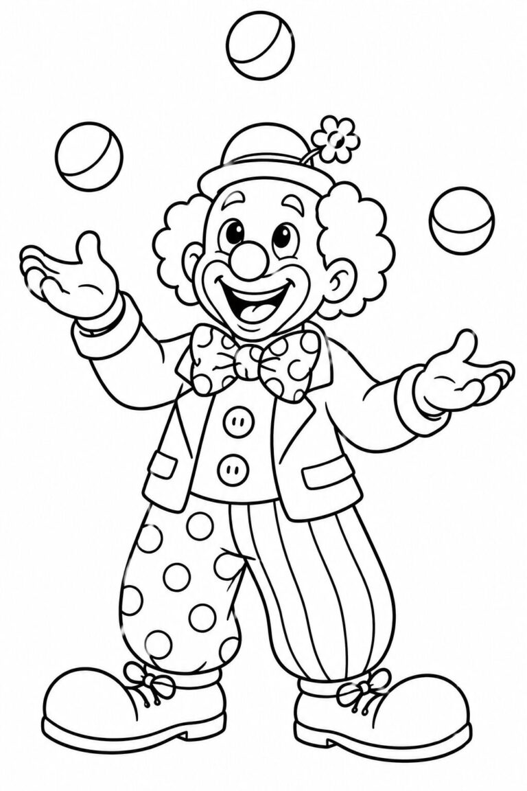 Coloring page with a cheerful clown juggling three balls. The clown has a big smile, fluffy hair, and wears a playful polka-dot and striped outfit, perfect for young artists to add color and creativity.