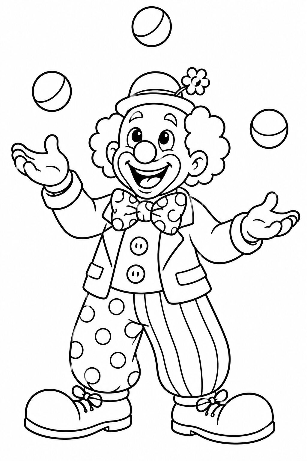 Coloring page with a cheerful clown juggling three balls. The clown has a big smile, fluffy hair, and wears a playful polka-dot and striped outfit, perfect for young artists to add color and creativity.