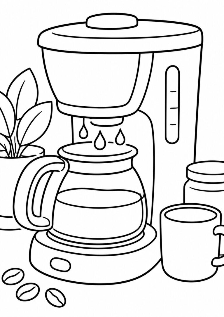 A coloring page showing a detailed coffee machine with a pot, cup, and coffee beans, inviting children to use their creativity in coloring.