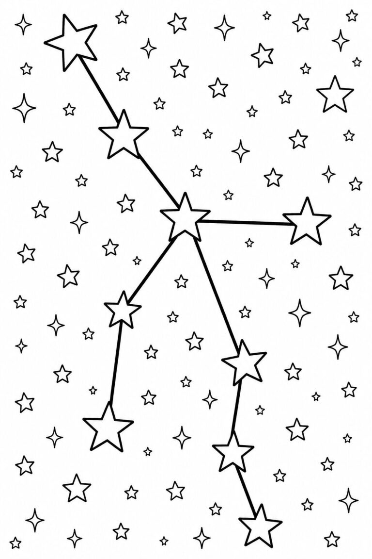 A constellation coloring page depicting a night sky with many stars forming a distinct constellation. Ideal for children to learn about astronomy while having fun coloring.