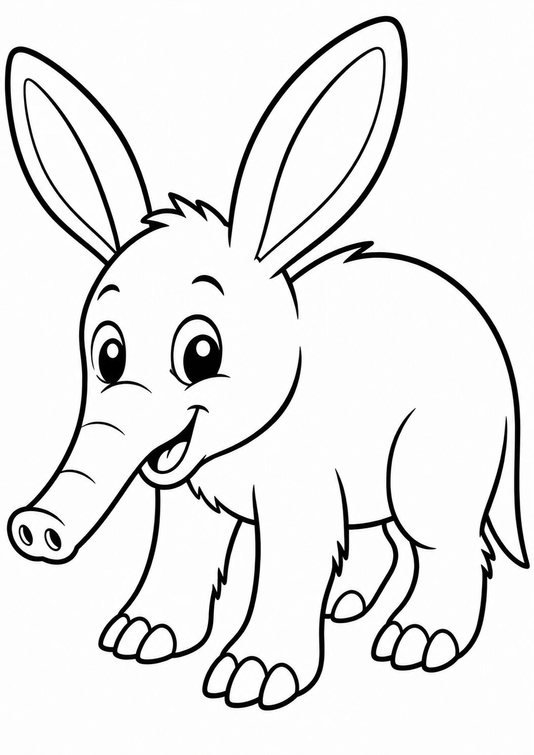 An adorable aardvark with large ears and a cheerful expression, ready to be colored by children. The simple design encourages creativity and fun animal learning.