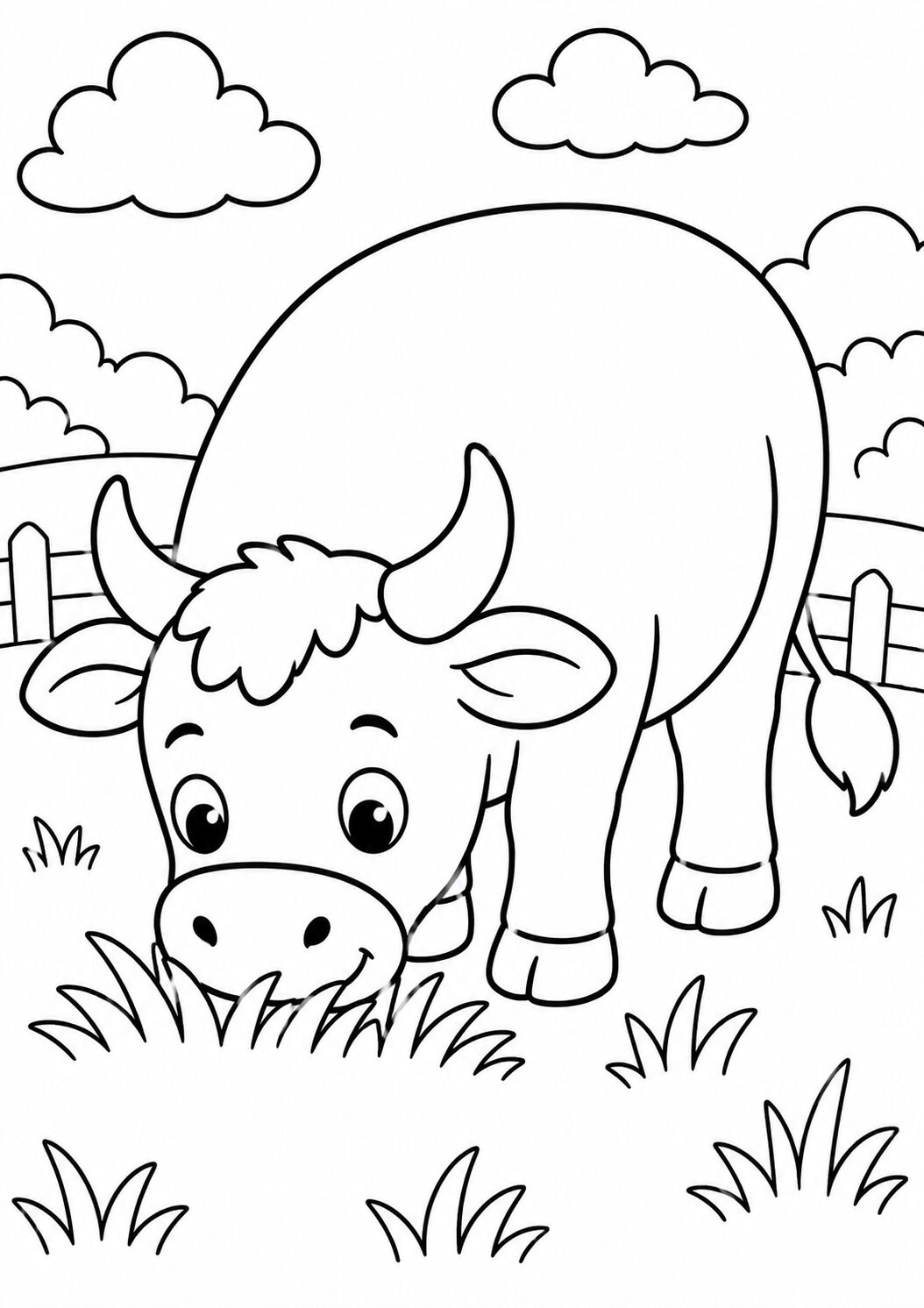 A cute cow munching on grass in a simple farm setting, with fluffy clouds in the sky and a wooden fence outlining the field, perfect for young children to color.
