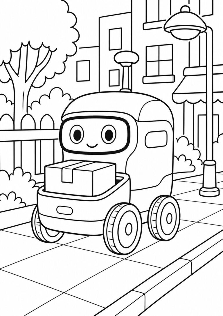 A cute delivery robot on a city street, surrounded by buildings, trees, and a street lamp. The smiling robot carries a package, inviting kids to use their imagination in coloring this playful scene.