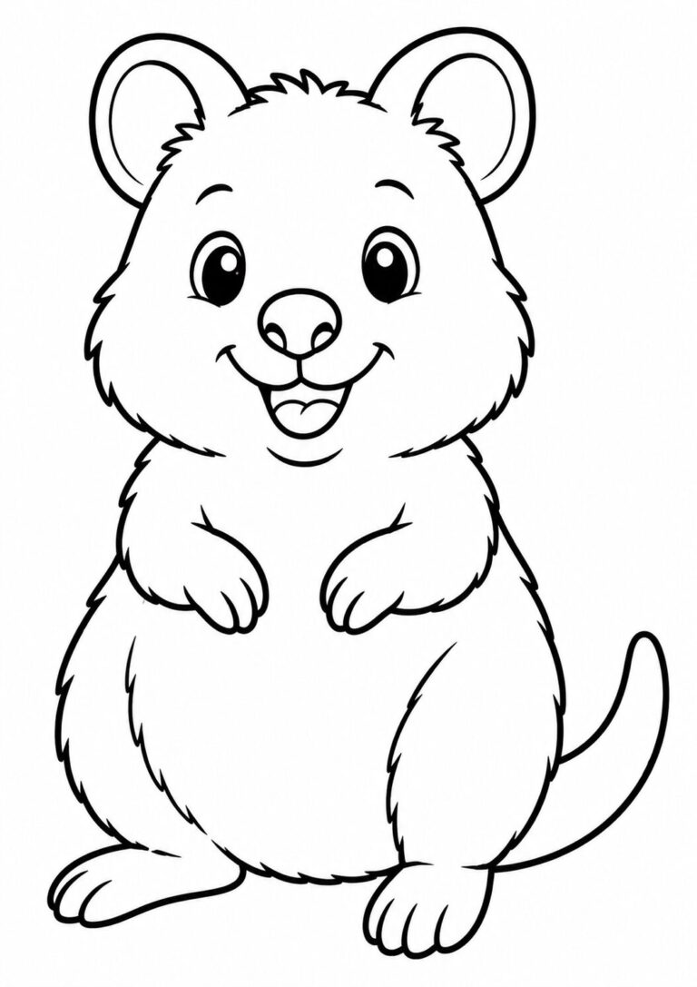 A charming coloring page depicting a cute quokka with a happy face, ready for children to color. This illustration captures the essence of this delightful Australian animal in a playful and engaging manner.