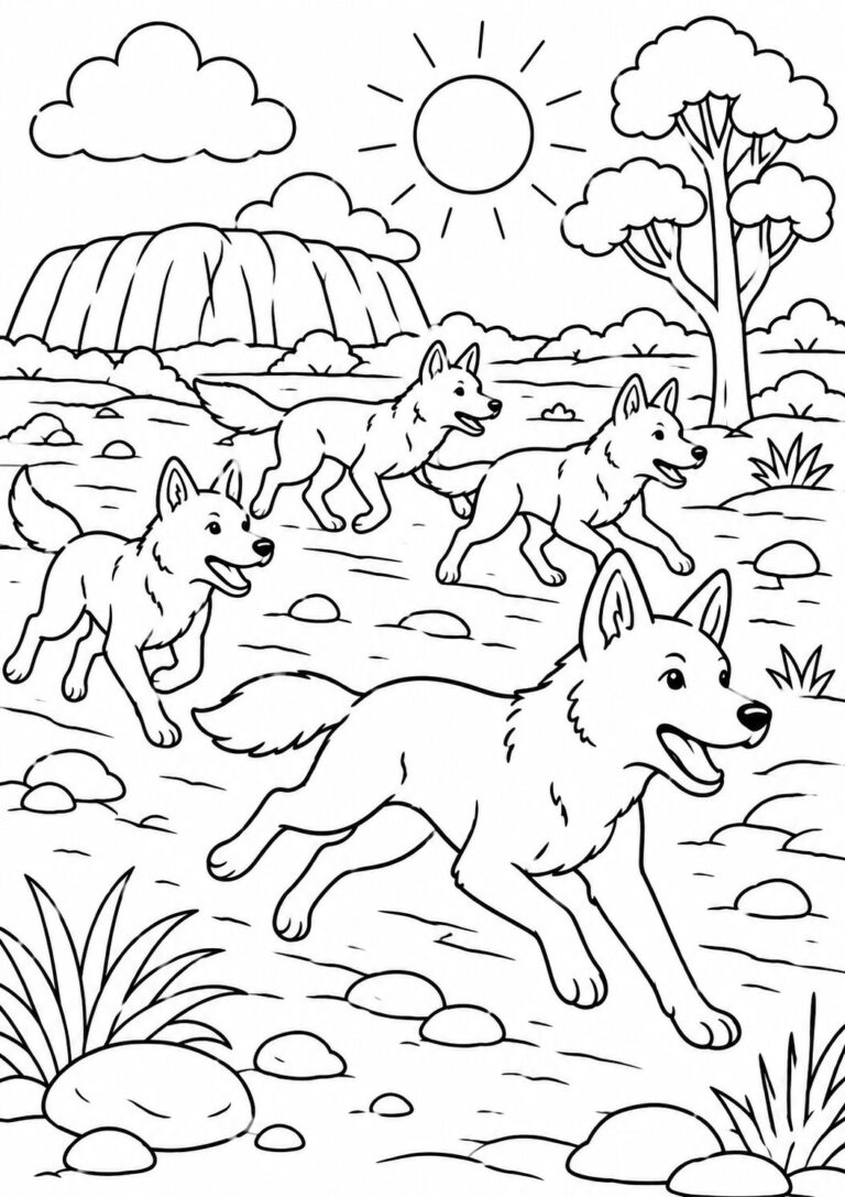 Coloring page showing wolves in a desert landscape. Four happy wolves run through sandy terrain with rocks and sparse vegetation under a bright sun. This image is great for inspiring kids to explore wildlife and nature.
