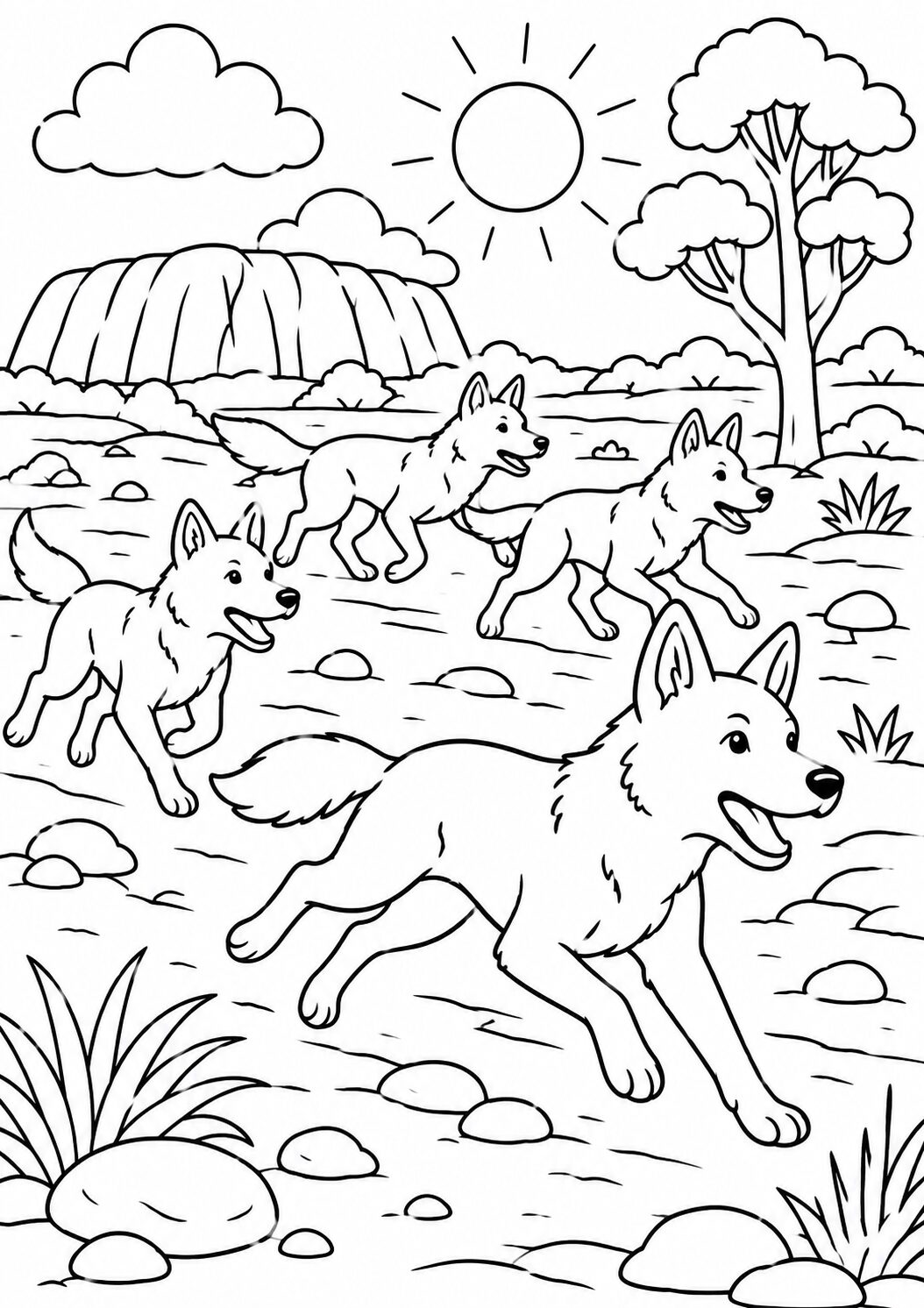Coloring page showing wolves in a desert landscape. Four happy wolves run through sandy terrain with rocks and sparse vegetation under a bright sun. This image is great for inspiring kids to explore wildlife and nature.