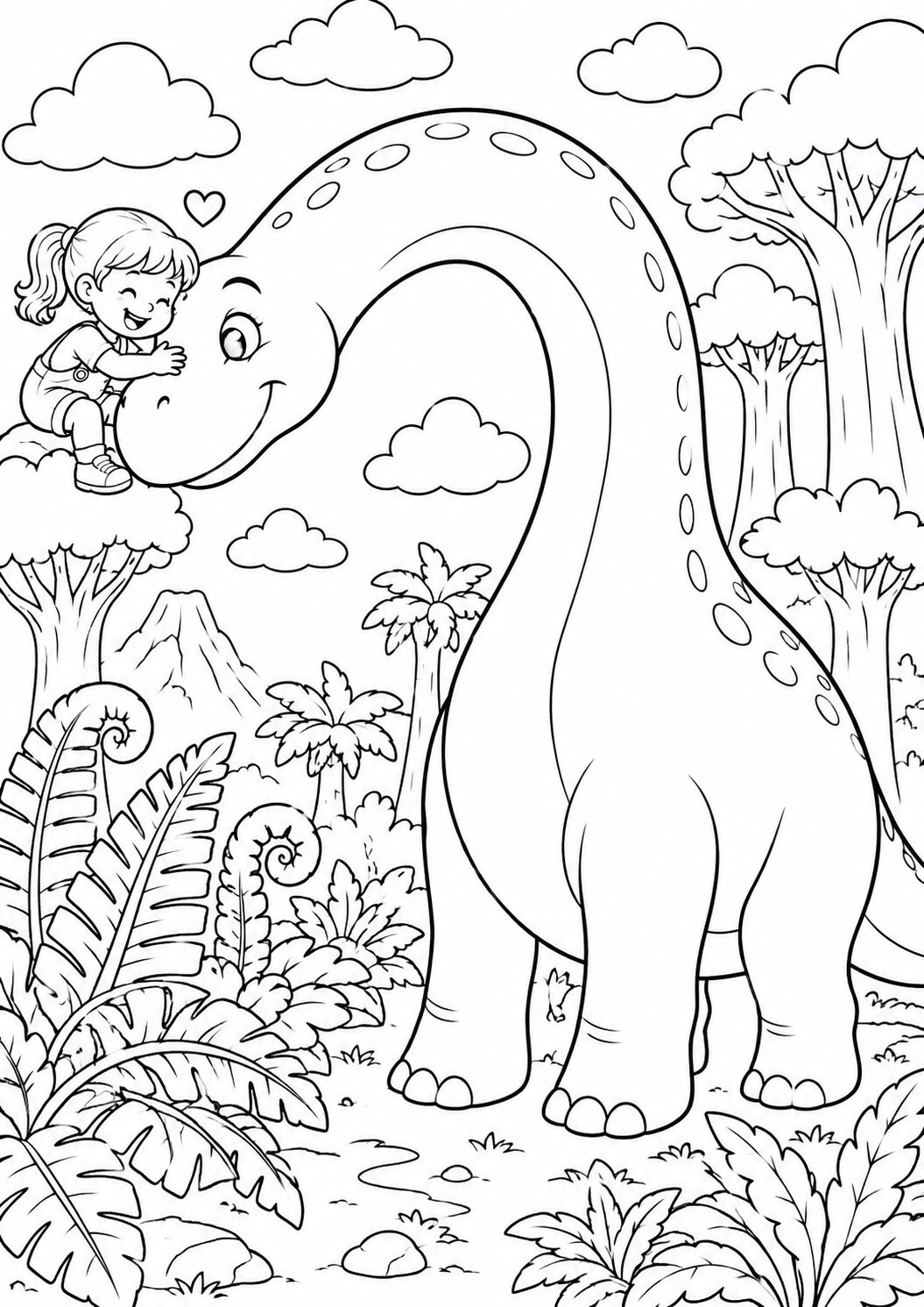 A friendly dinosaur and a smiling child in a prehistoric setting with trees and mountains, offering a whimsical coloring experience.