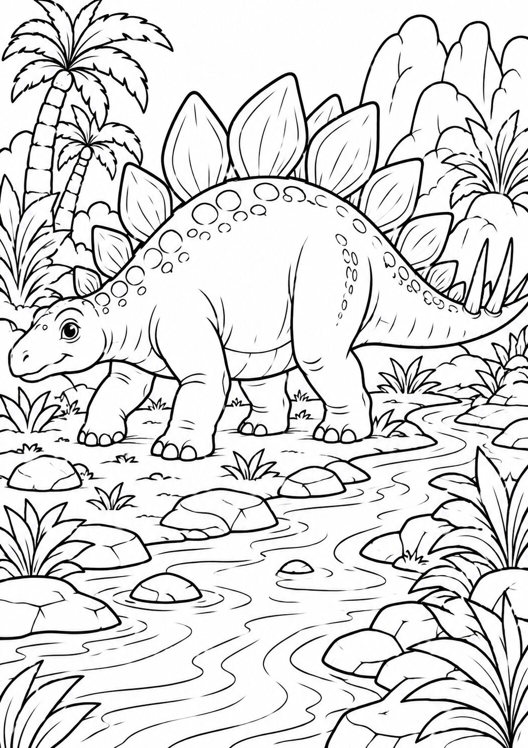 A detailed dinosaur coloring page depicting a dinosaur amidst a prehistoric landscape filled with plants, rocks, and a flowing stream, inviting children to engage creatively.