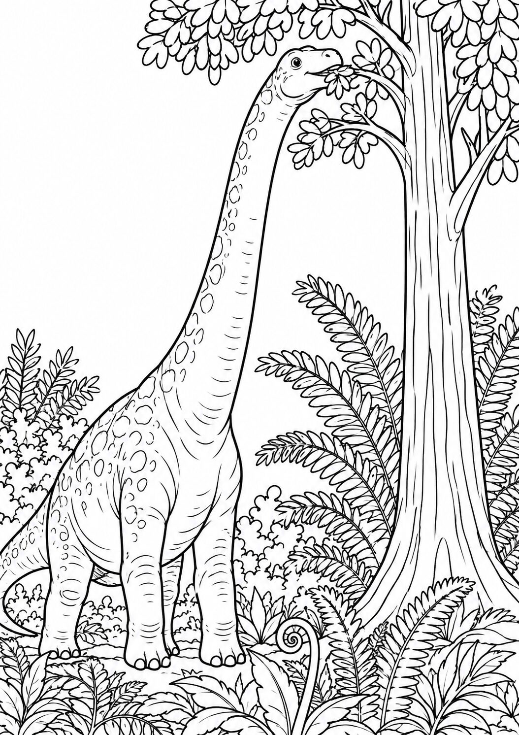 A detailed coloring page showing a dinosaur in a rich, prehistoric environment with trees and vegetation. Children can add colors to the dinosaur and the surrounding nature, enhancing creativity and understanding of prehistoric times.