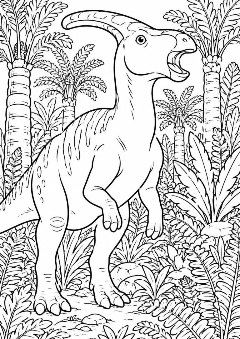 A detailed illustration of a dinosaur standing among prehistoric plants in a jungle setting. Kids can color the dinosaur and foliage, engaging their creativity and love for ancient creatures.