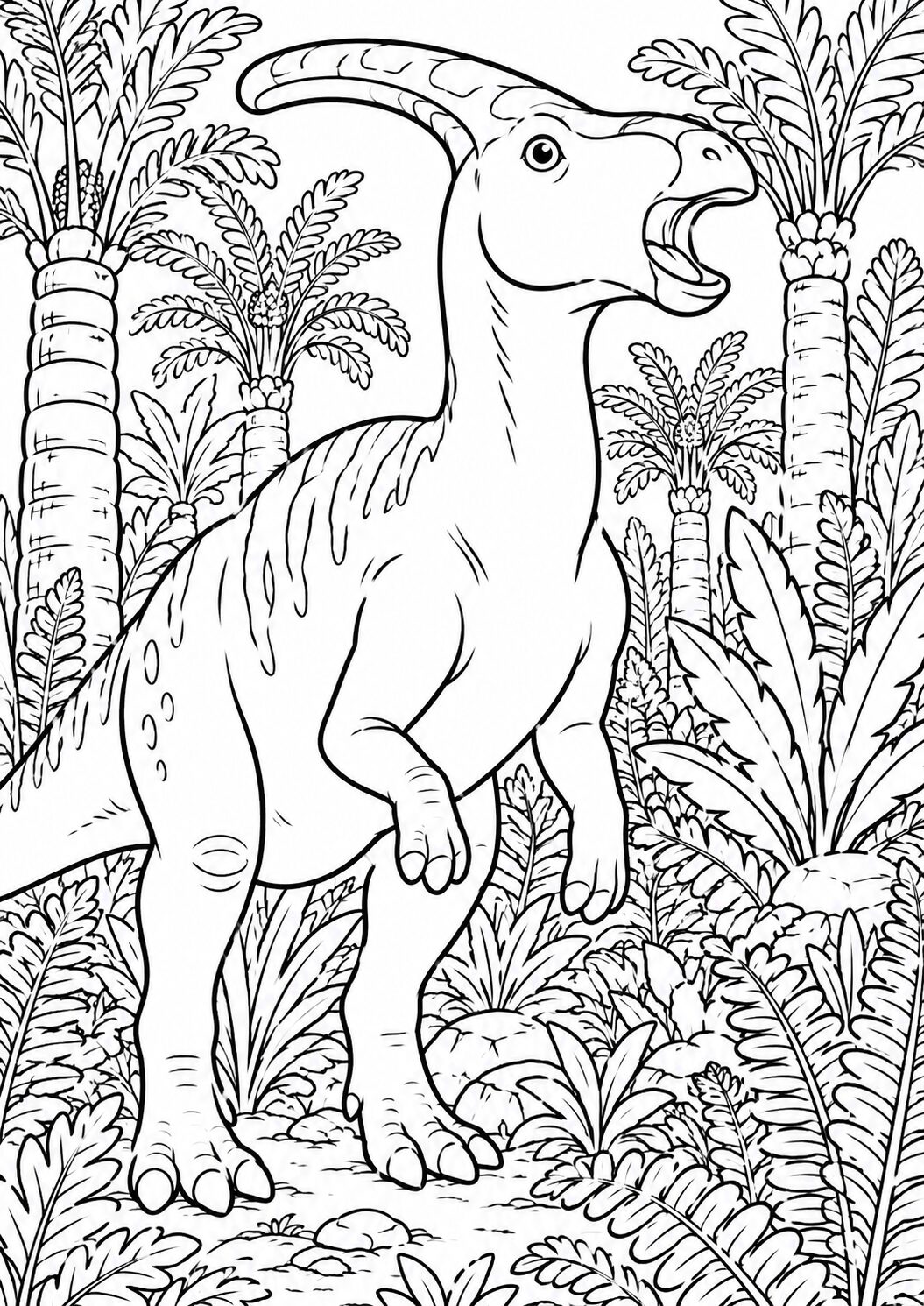 A detailed illustration of a dinosaur standing among prehistoric plants in a jungle setting. Kids can color the dinosaur and foliage, engaging their creativity and love for ancient creatures.