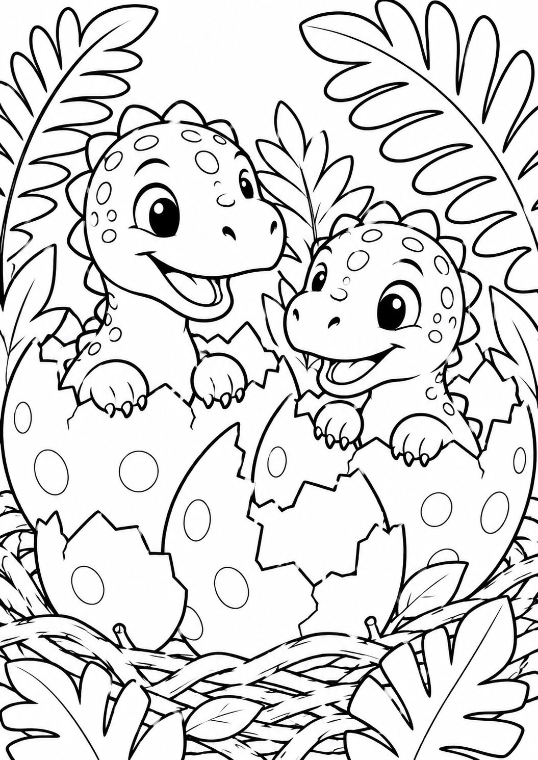 An exciting coloring page with two cute dinosaur hatchlings emerging from their eggs, surrounded by ferns, providing a fun prehistoric scene for children to color.