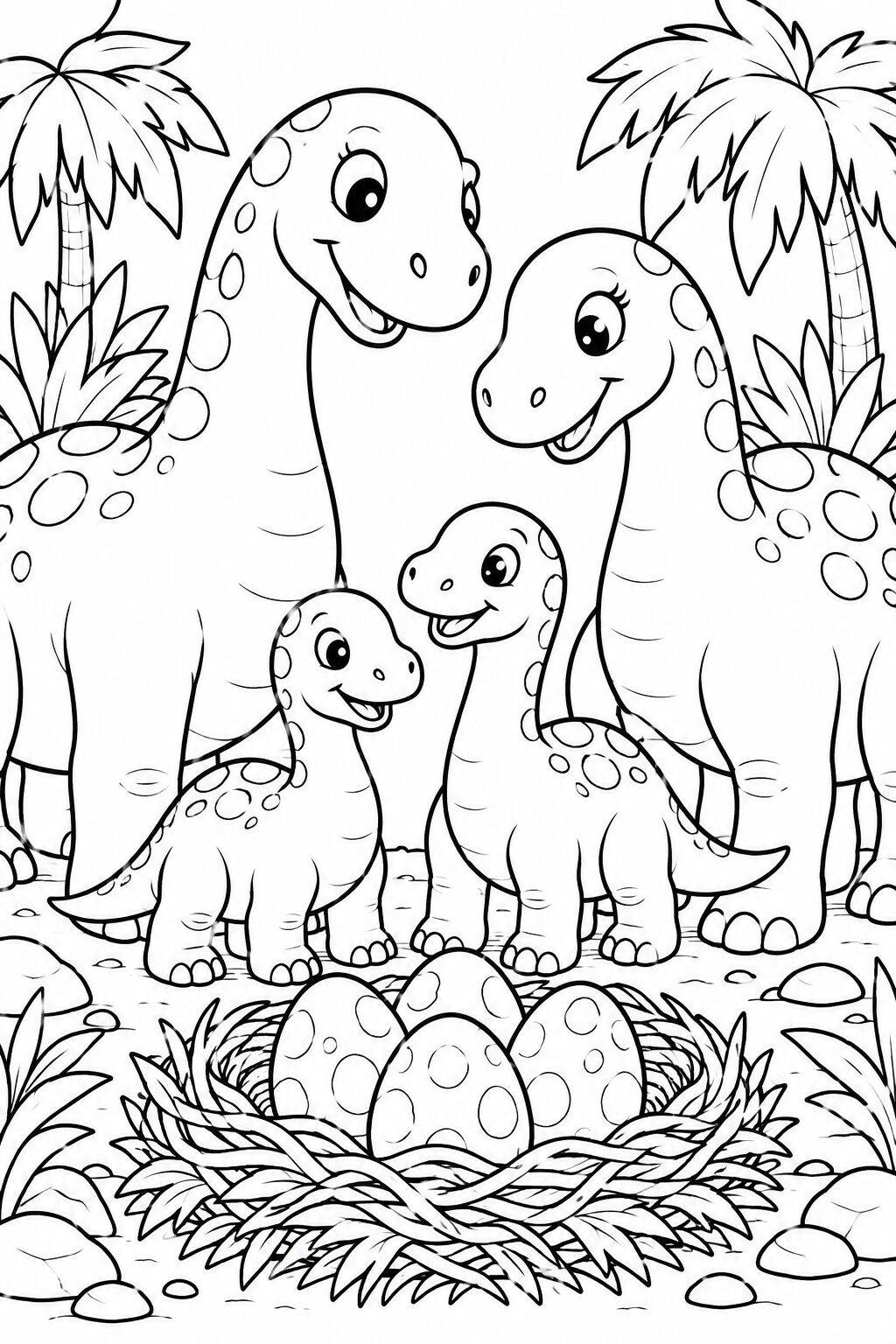 The coloring page shows a dinosaur family with two large dinosaurs and two smaller ones around a nest filled with eggs, set in a prehistoric landscape with palm trees.