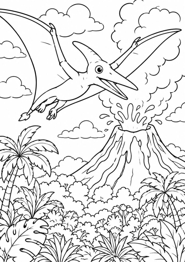 A dinosaur glides in the air with an erupting volcano in the background, surrounded by a dense jungle, presenting a thrilling adventure scene.