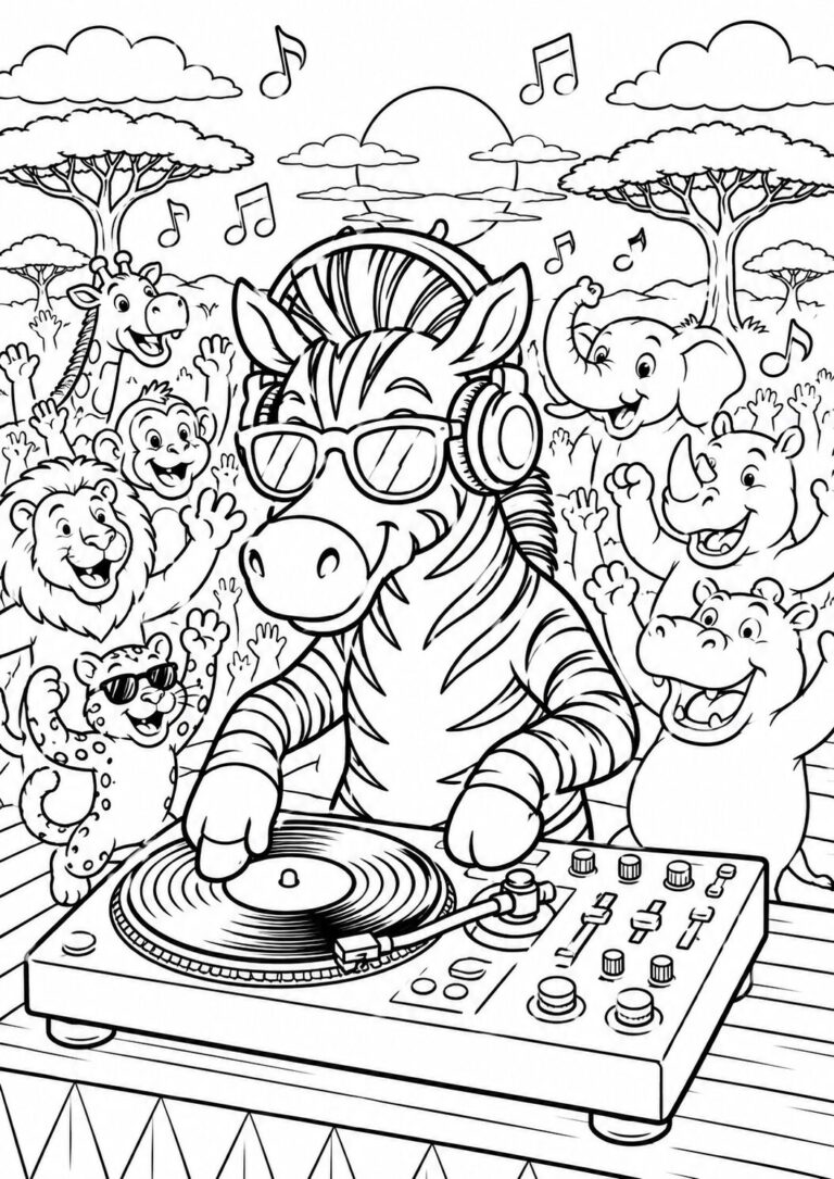 A zebra wearing headphones and sunglasses acts as a DJ, surrounded by happy jungle animals like elephants and lions, creating a lively party scene for children to color.