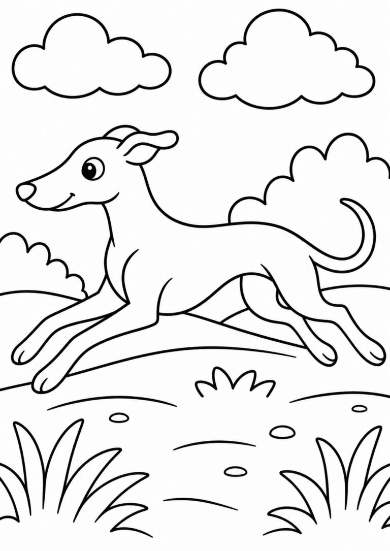 A playful dog depicted on this coloring page is bounding across a field under a sky full of fluffy clouds. The scene encourages creativity and fun for children who enjoy coloring animal scenes.
