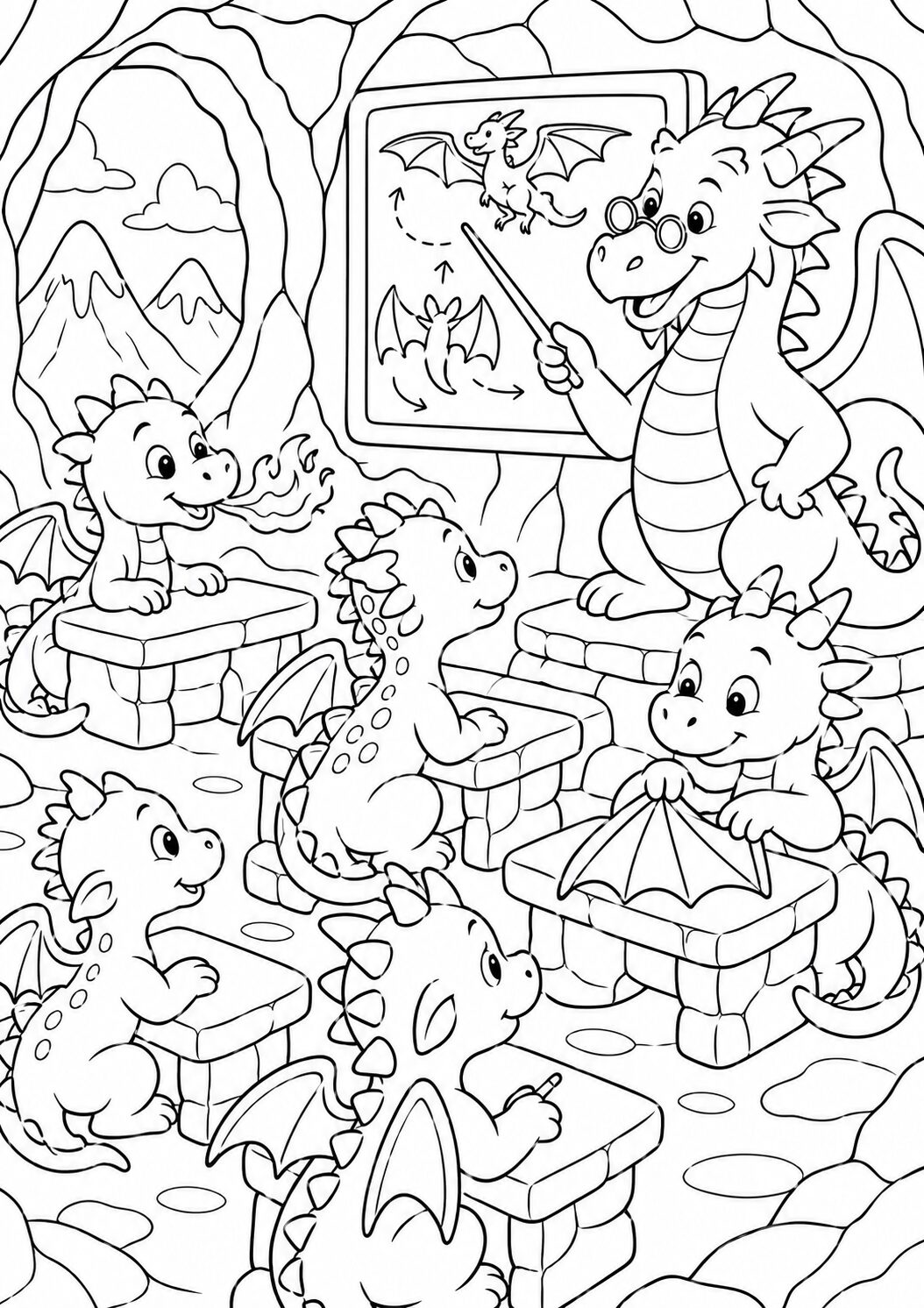 A charming coloring page showing a dragon teacher in a cave classroom, instructing baby dragons on the art of flying. The young dragons, with eager expressions, sit on stone benches, as the cave setting enriches the magical learning experience.