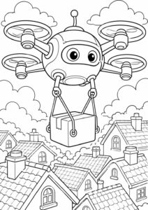 A cute drone with big eyes flies over a town, carrying a package. Children can color the sky, clouds, and town rooftops, exploring technology creatively.