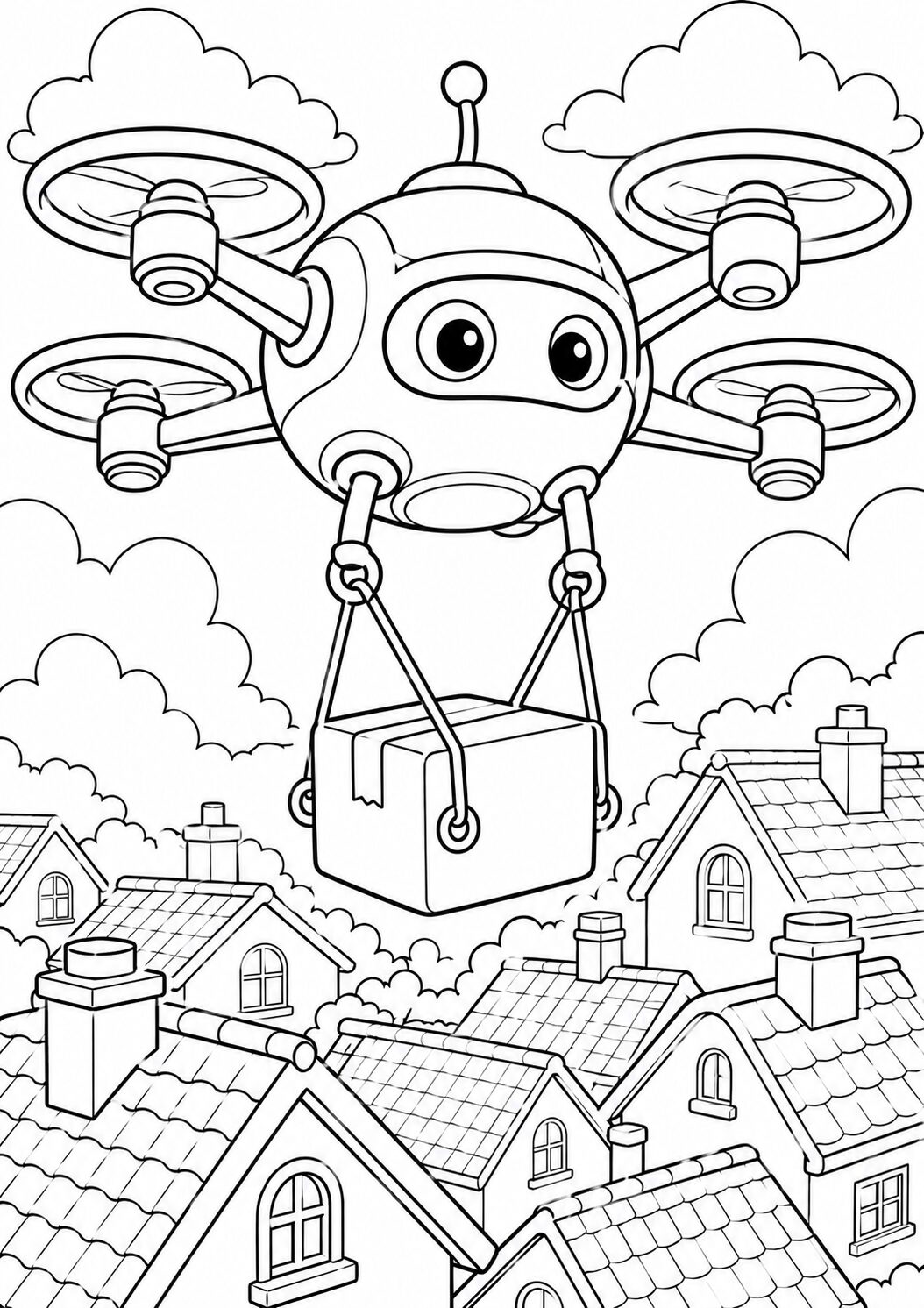 A cute drone with big eyes flies over a town, carrying a package. Children can color the sky, clouds, and town rooftops, exploring technology creatively.