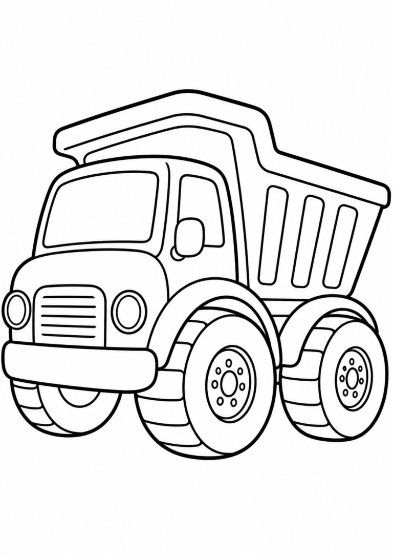 A child's coloring page with a simple outline of a dump truck. The truck has large wheels and a spacious bed, ready to be colored in vibrant hues.