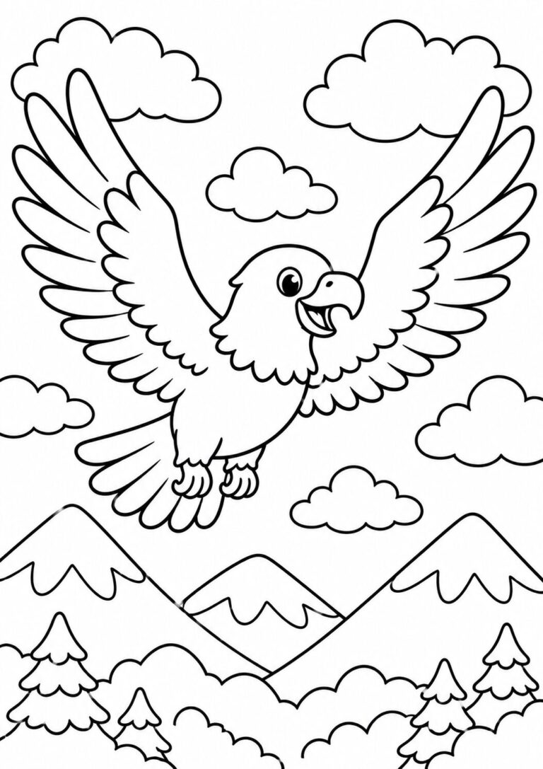 A playful eagle with outstretched wings flies over mountains and trees, surrounded by fluffy clouds, perfect for children's coloring activity.