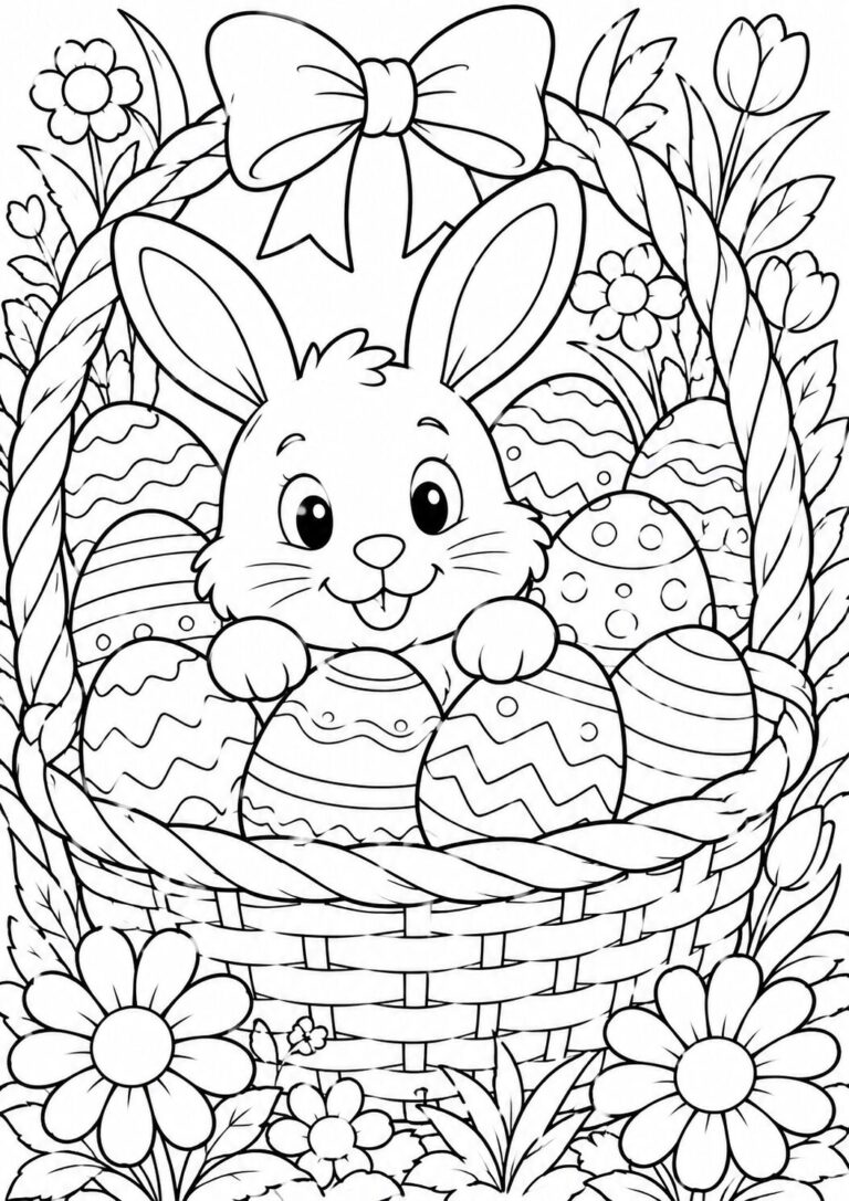 A cheerful Easter Bunny sits in a basket with decorated eggs and flowers, ready for children to bring it to life with colors. The scene evokes a sense of holiday fun and creativity.
