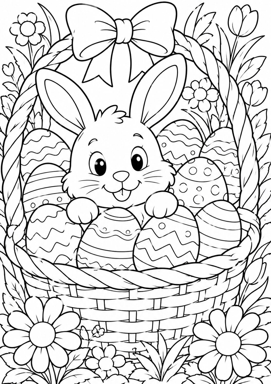 A cheerful Easter Bunny sits in a basket with decorated eggs and flowers, ready for children to bring it to life with colors. The scene evokes a sense of holiday fun and creativity.