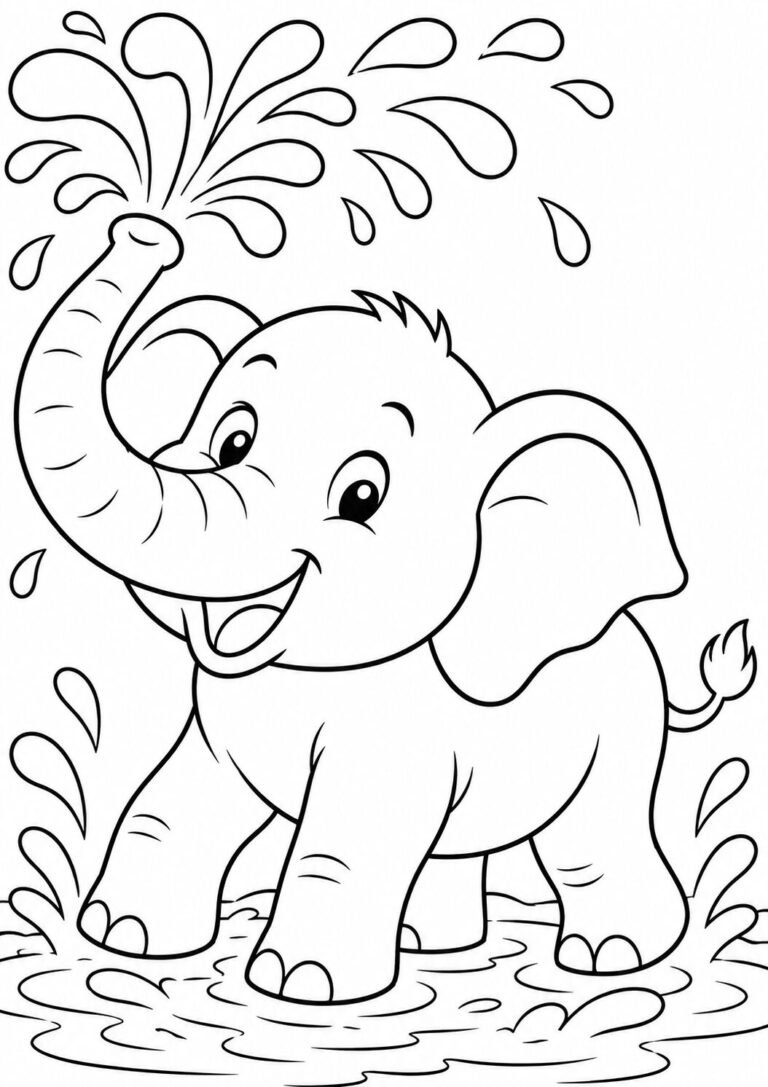 Joyful elephant splashing water in a playful manner, perfect for kids' coloring activities. This coloring page sparks creativity and helps develop fine motor skills while keeping children entertained for hours.