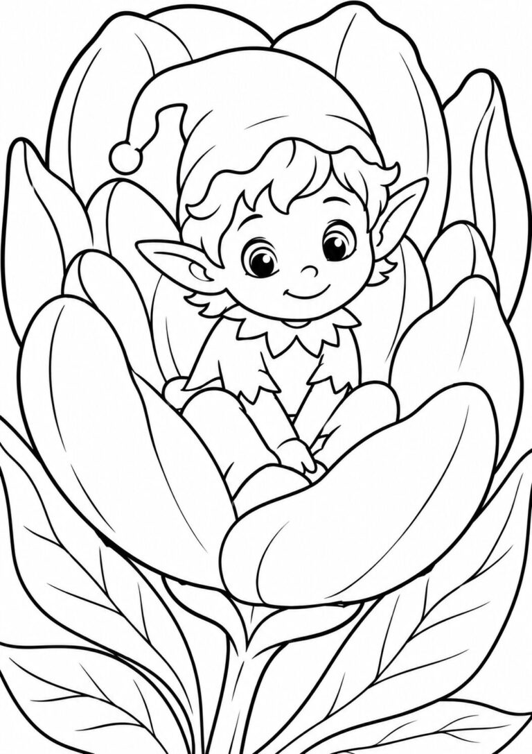 A fantasy-themed coloring page depicting a cheerful elf nestled within a large, inviting flower. The elf is adorned with a cute hat and displays a friendly smile, emphasizing themes of happiness and nature.